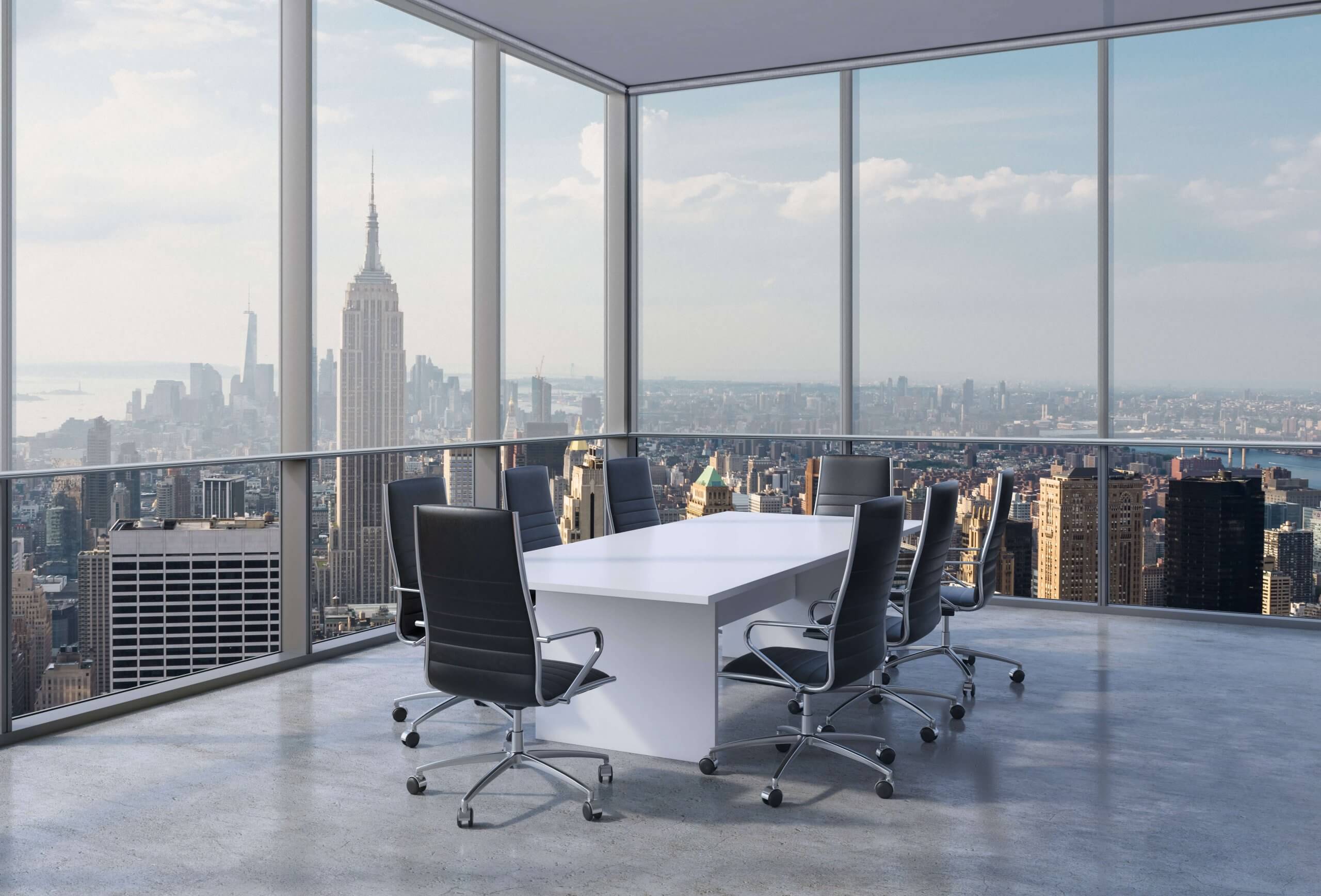 Panoramic conference room in modern office in New York City.